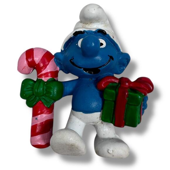 Vintage Peyo Schleich Smurfs Christmas Candy Cane Gift PVC Figures 1980s Toy - Picture 1 of 4